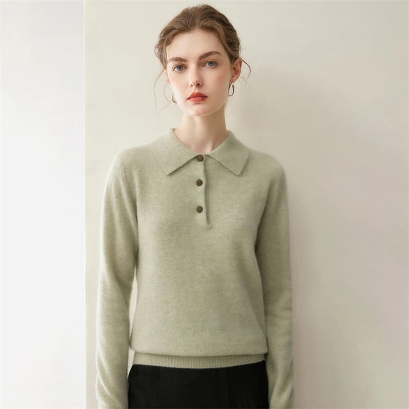 A-class high-quality women's 100% cashmere sweater casual solid knit pullover POLO collar button Tops loose Blouse warm Jumper