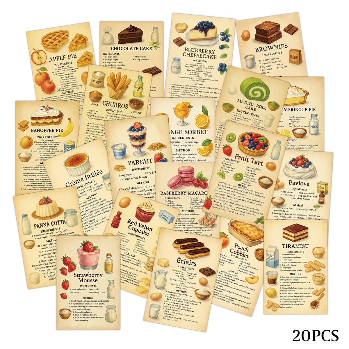 20 Postcards with Sweet Recipes, Preparation Methods, Ingredients Lists, Decoration and Functionality, Wall Art for Kitchen, Pasticceria Gift