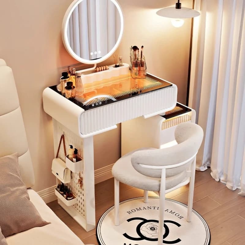 Appartamento di piccole dimensioni Toeletta in stile crema Mobili per camera da letto Minimalista Foro fai-da-te Gambe del tavolo di stoccaggio Tavolo da toeletta