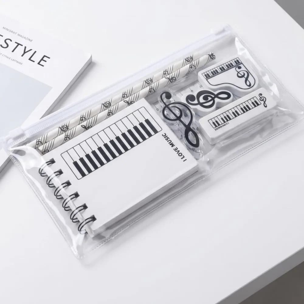 7/8Pcs Kawaii Piano Treble Clef Print Stationery Set Musical Theme Ruler Pencil Erasers Students