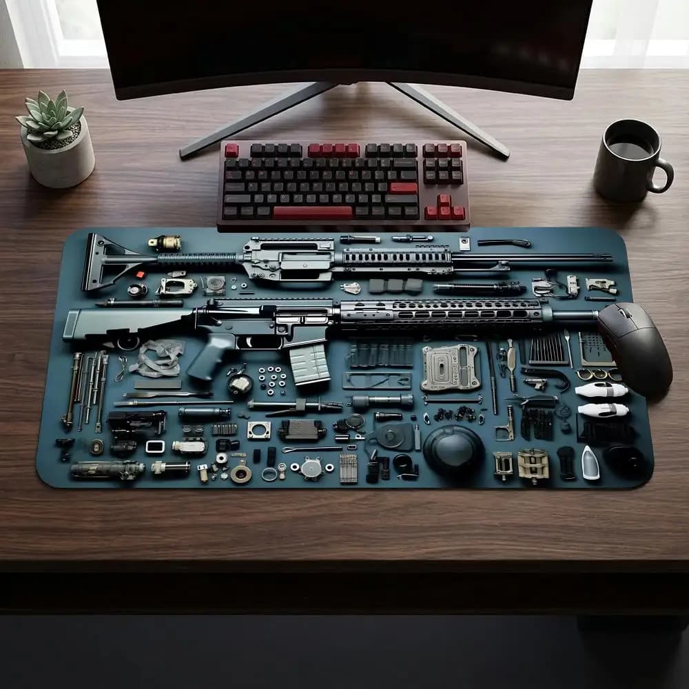 Tappetino per mouse XXL estetico antiscivolo per laptop, tablet e PC, accessorio da scrivania per gaming, con design a tema armi da fuoco