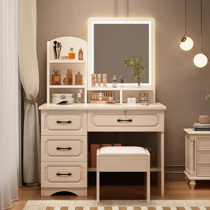 Toeletta per piccoli appartamenti con specchio e contenitore integrato per trucchi, tavolo moderno e semplice in stile europeo per camera da letto principale