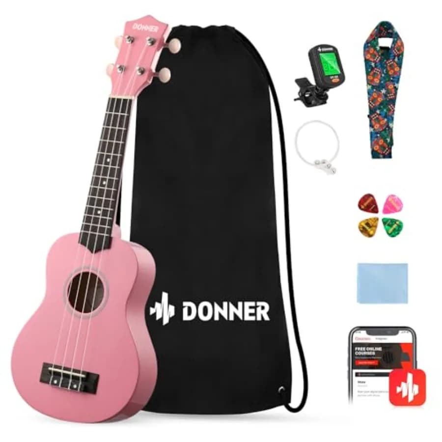 Kit per Principianti Ukulele Soprano 21 Pollici con Lezioni Online Gratuite, Rosa, Include Borsa, Tracolla, Corde, Accordatore, Plettri, C