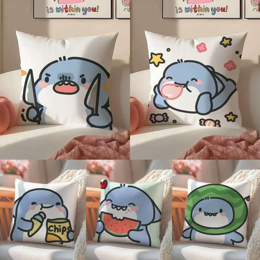 Pillow sheet with print of shark cartoon monsters, in double-sided plush, for sofa, breathable, with invisible zipper