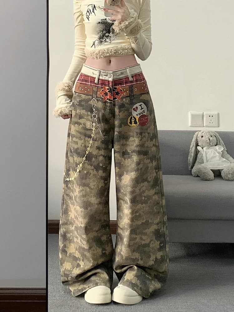 American Retro 3D Printed Camouflage Belted Wide Leg Jeans Women's Loose Slimming Design Casual High Waist Denim Pants