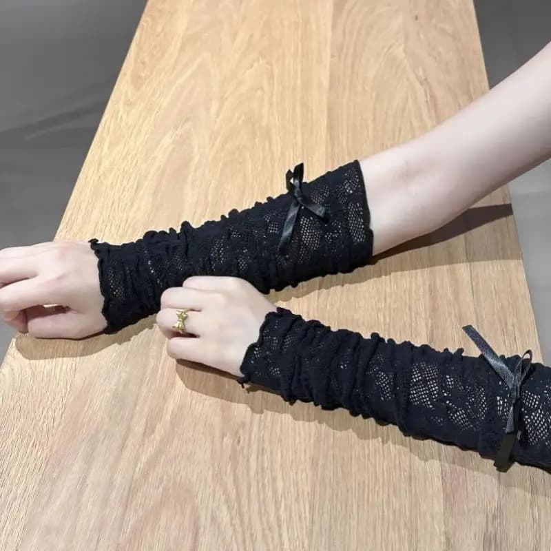 Women Gothic Mesh Fingerless Gloves Elastic Lace Lolita JK Punk Strapping Sunscreen Sleeve Costume Accessory