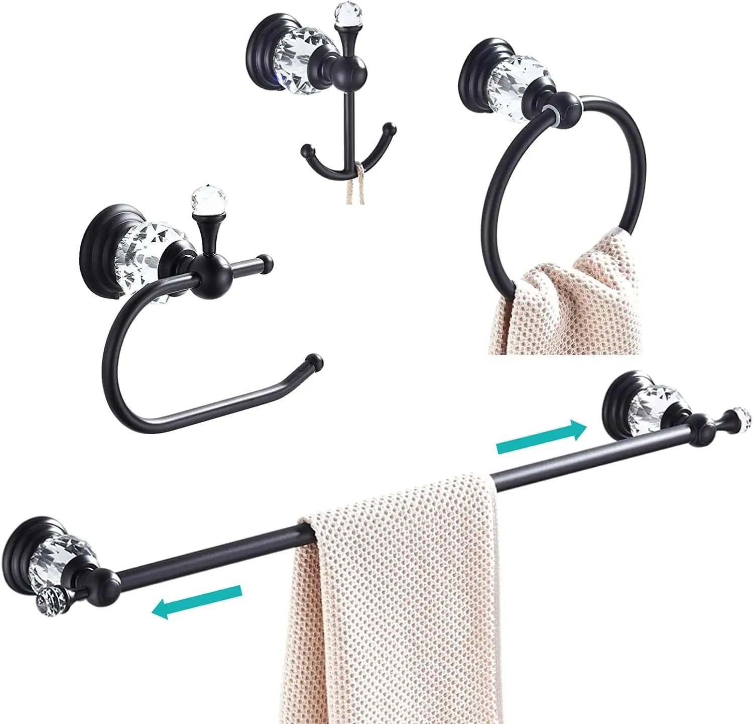 Set di accessori da bagno neri da 24 pollici con portasciugamani, portarotolo, anello portasciugamani e ganci appendiabiti - Set da 4 pezzi a parete