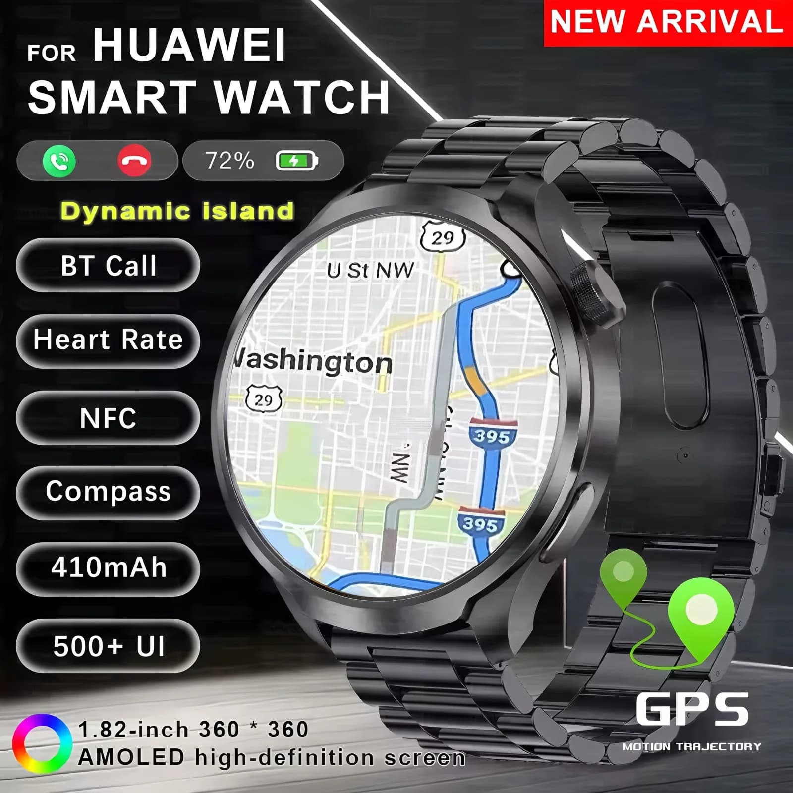 New GPS Sport Fashion Smartwatch for Men 1.85 "AMOLED Screen Heart rate Blood pressure Health Smart Watch for Android IOS