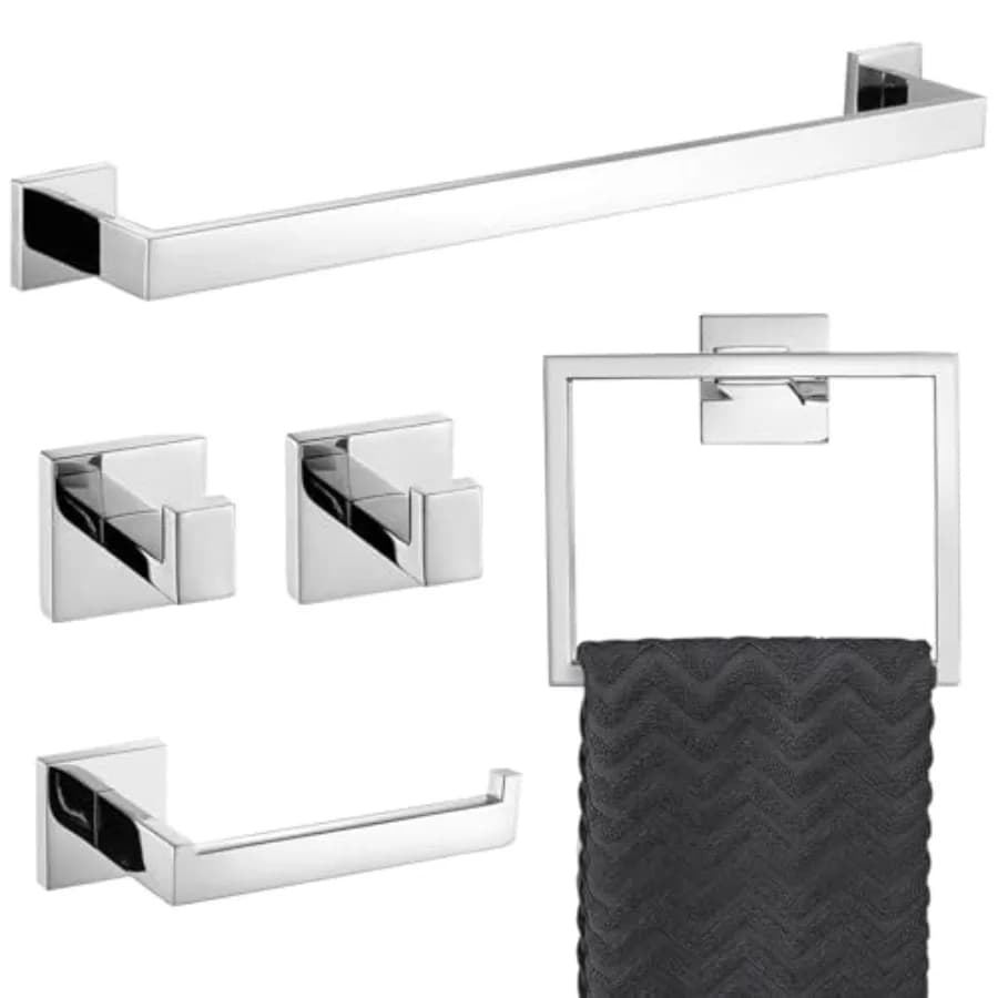Set di Accessori per Bagno in 5 Pezzi, Cromato Lucido, con Porta Asciugamani, Anello Porta Asciugamani, Porta Carta Igienica e 2 Ganci per Asciugamani in Acciaio Inossidabile