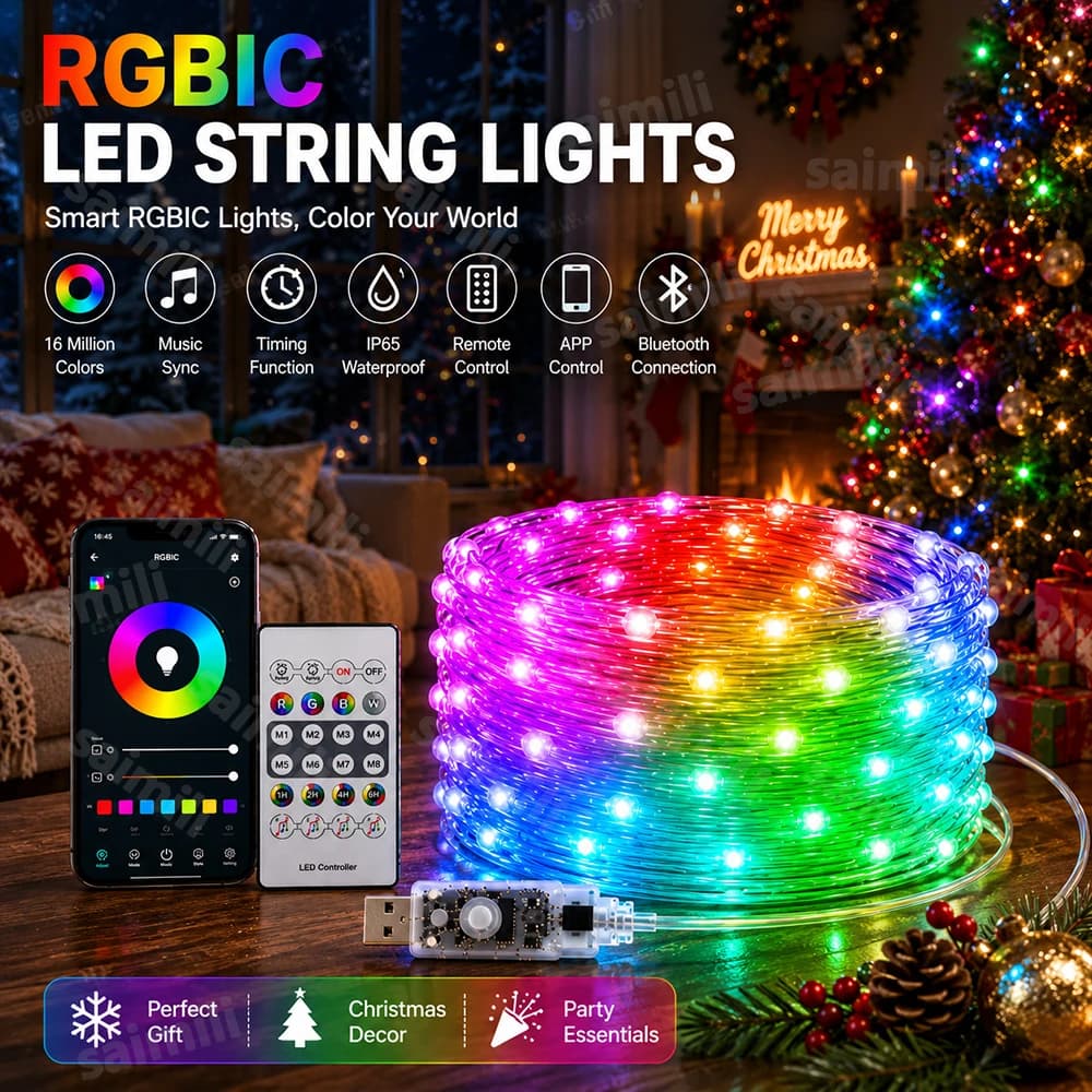 WS2812B RGBIC LED String Lights 5V USB Smart APP Control Music Sync Waterproof Glow Garland For Home Holiday Party Wedding Decor