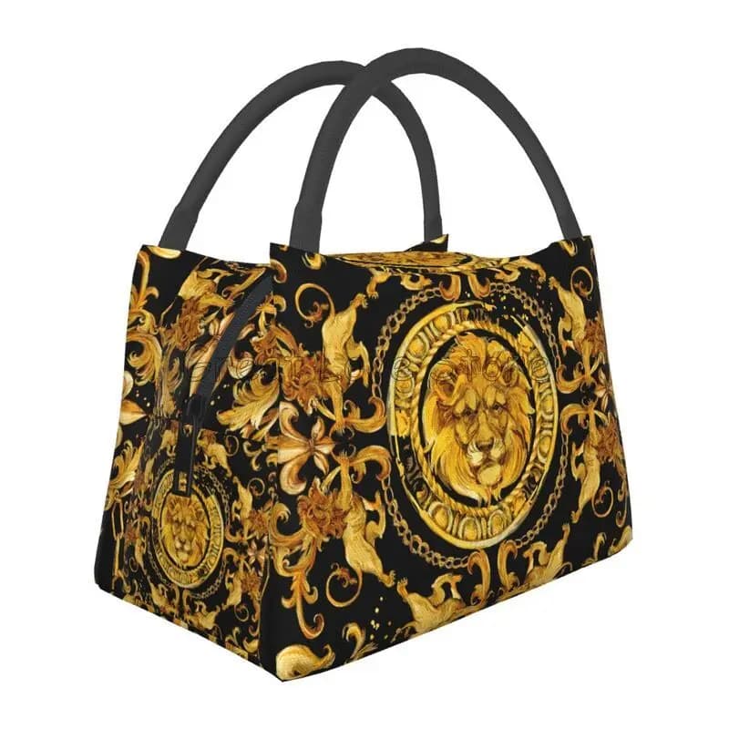 Borsa termica per il pranzo con stampa barocca Golden Lion Borsa termica portatile isolata da donna per picnic, portapranzo impermeabile riutilizzabile