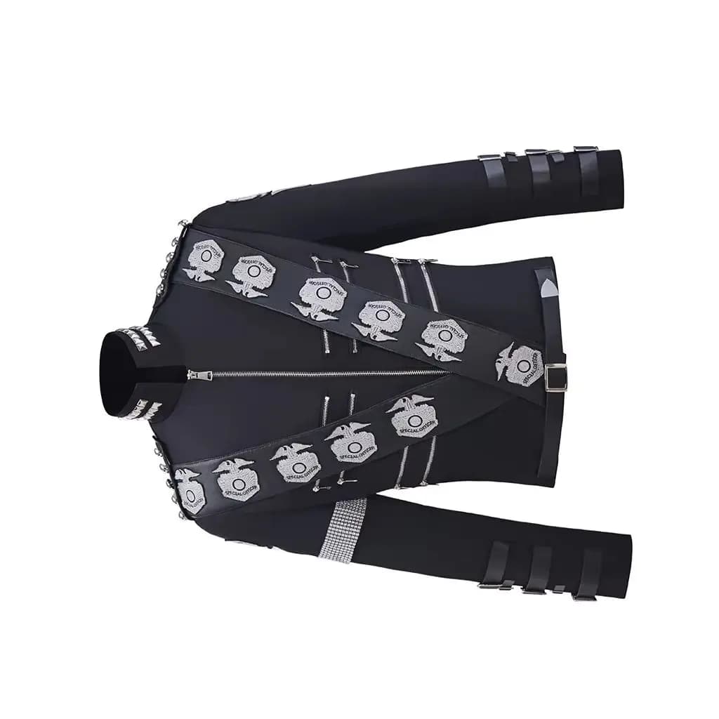 Costume da Cosplay di Cantante Famoso, Giacca Nera con Stemmi Aquila Ricamati in Argento, Stile Punk Metal Michael