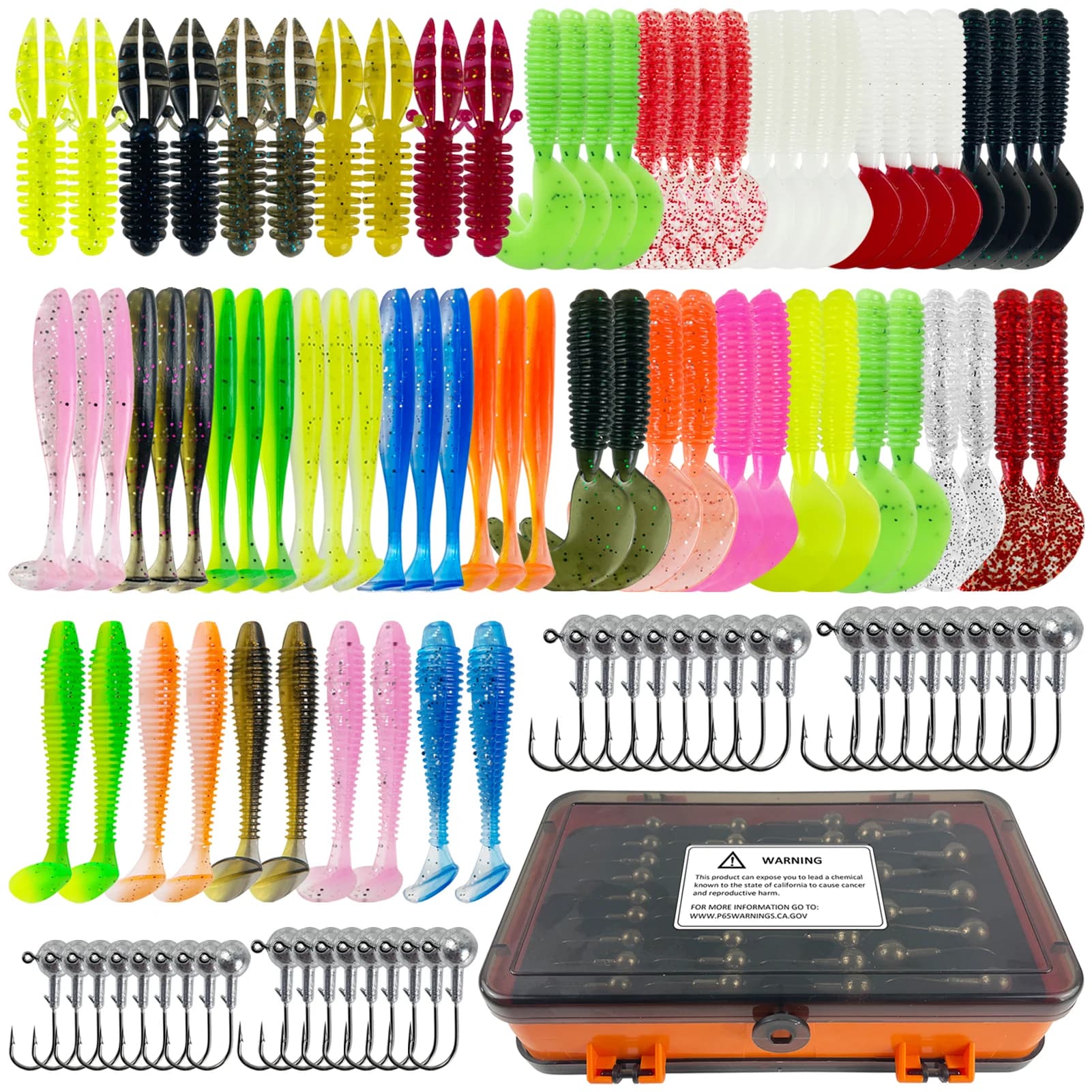 FREE FISHER 109pcs/Lot Fishing Soft Worm Kit,Jig Head Hooks,Fishing Tackle Box,Tail Grubs Swimbaits,Bass Fishing Baits Jig Hooks