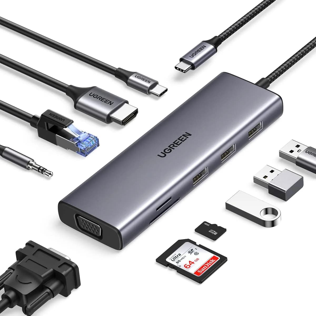 USB Hub C UGREEN, USB-C 10 dongle in 1 with double monitor 4K-HDMI and VGA, 1 Gbps Ethernet, 100 W PD, 3 USB 3.0 ports, 3.5 mm audio jack