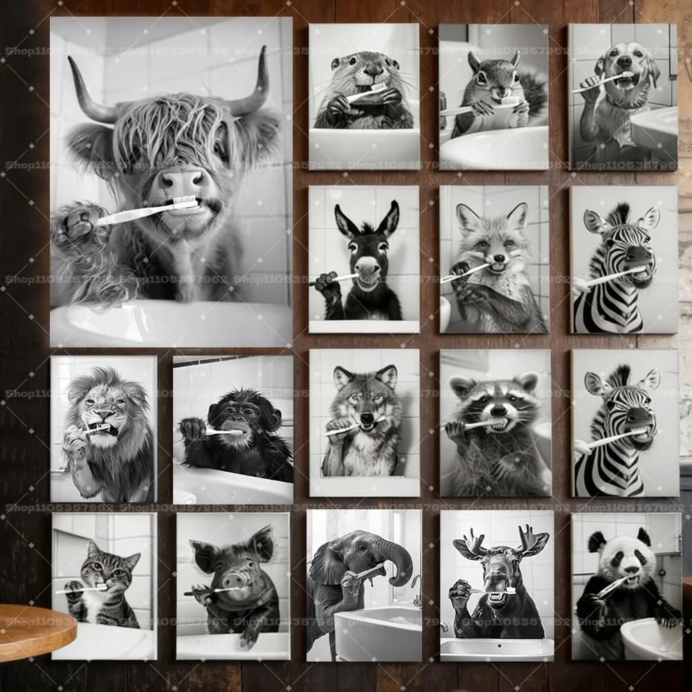 Divertente Quadro su Tela con Animali che si Spazzolano i Denti, Decorazione Bagno in Bianco e Nero, Cane Gatto Toro, Regalo per Bambini