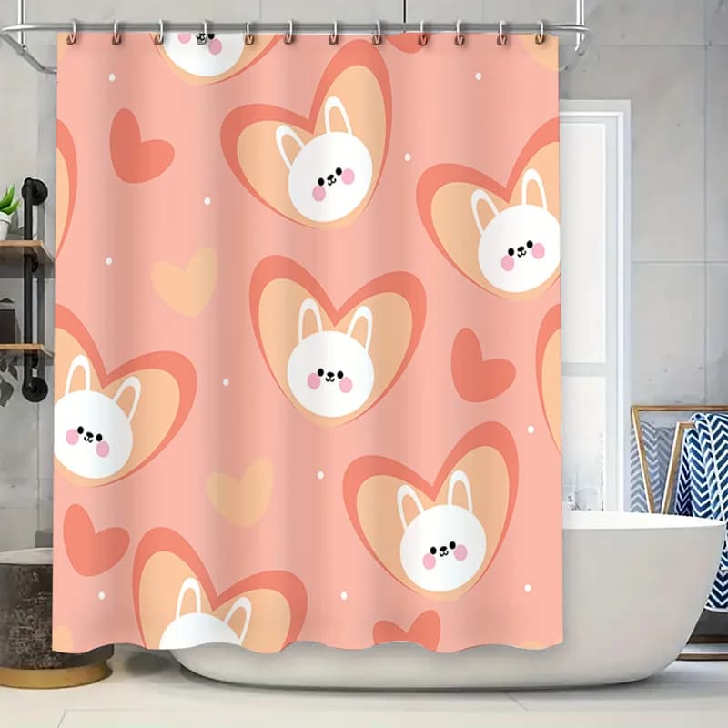 Tenda da doccia con cuore di coniglietto rosa, decorazione per il bagno con stampa animalier carina