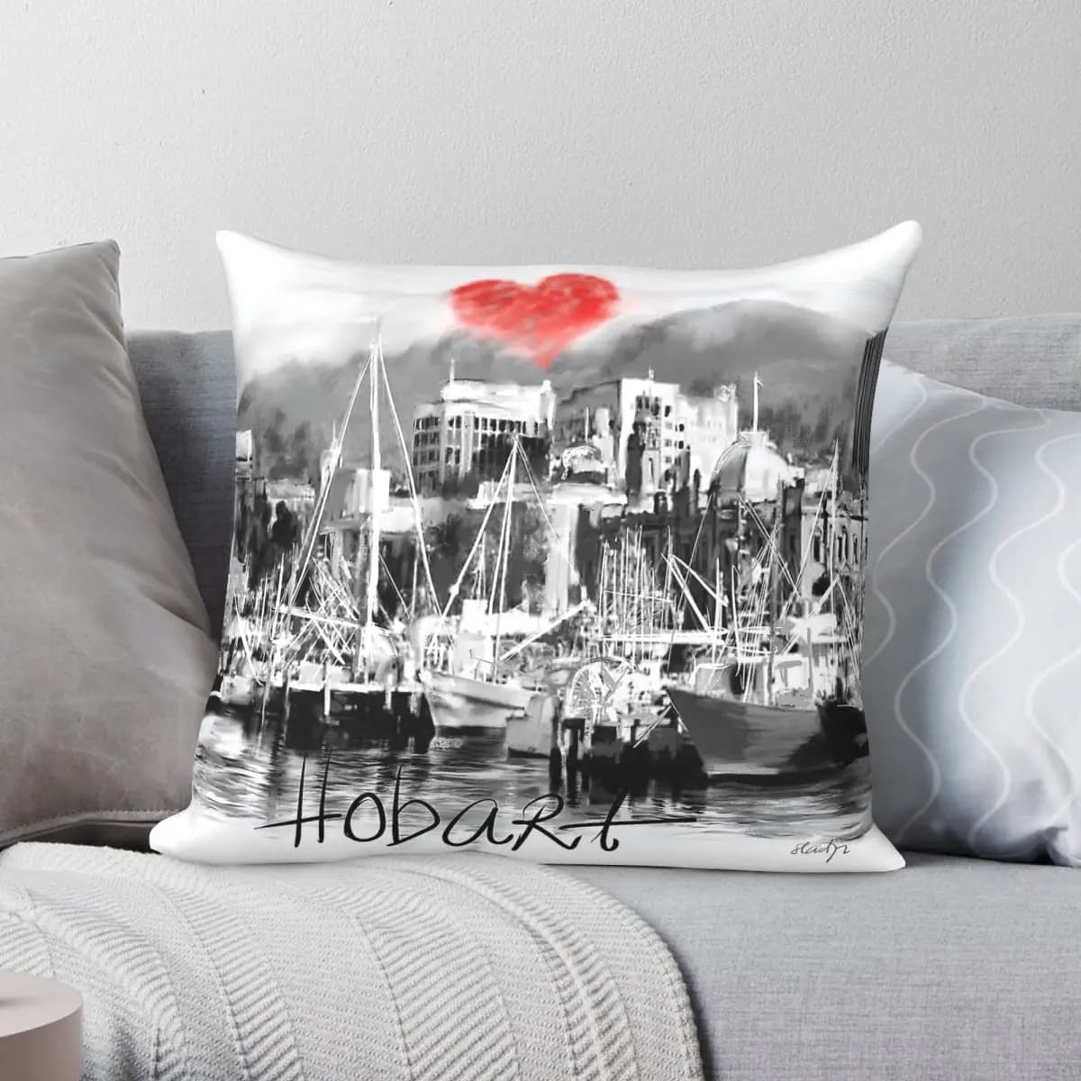 Fodera per cuscino decorativa con cerniera in poliestere, lino e velluto, con stampa 'I Love Hobart City', per divano e seduta