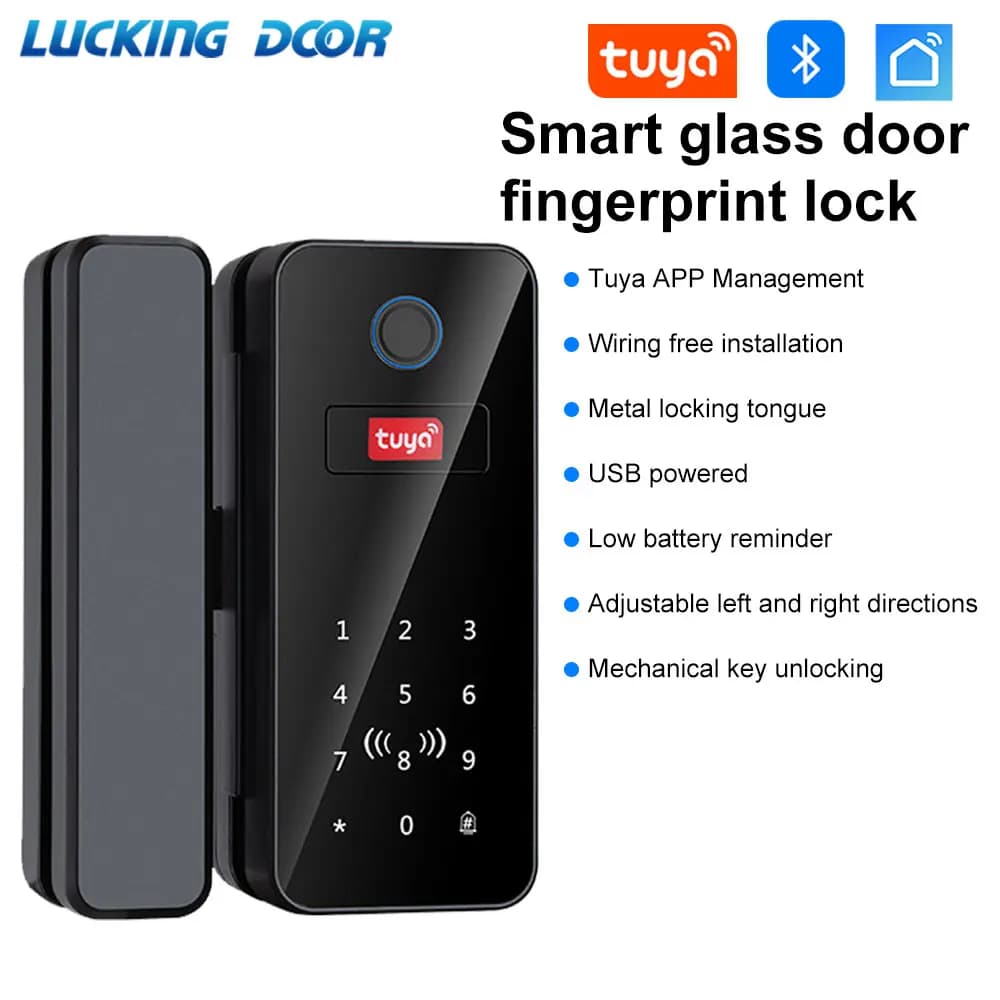 Tuya App porta in vetro serratura per impronte digitali Bluetooth Smart Glasses serratura elettronica biometrica 13.56Mhz RFID sblocco del telecomando