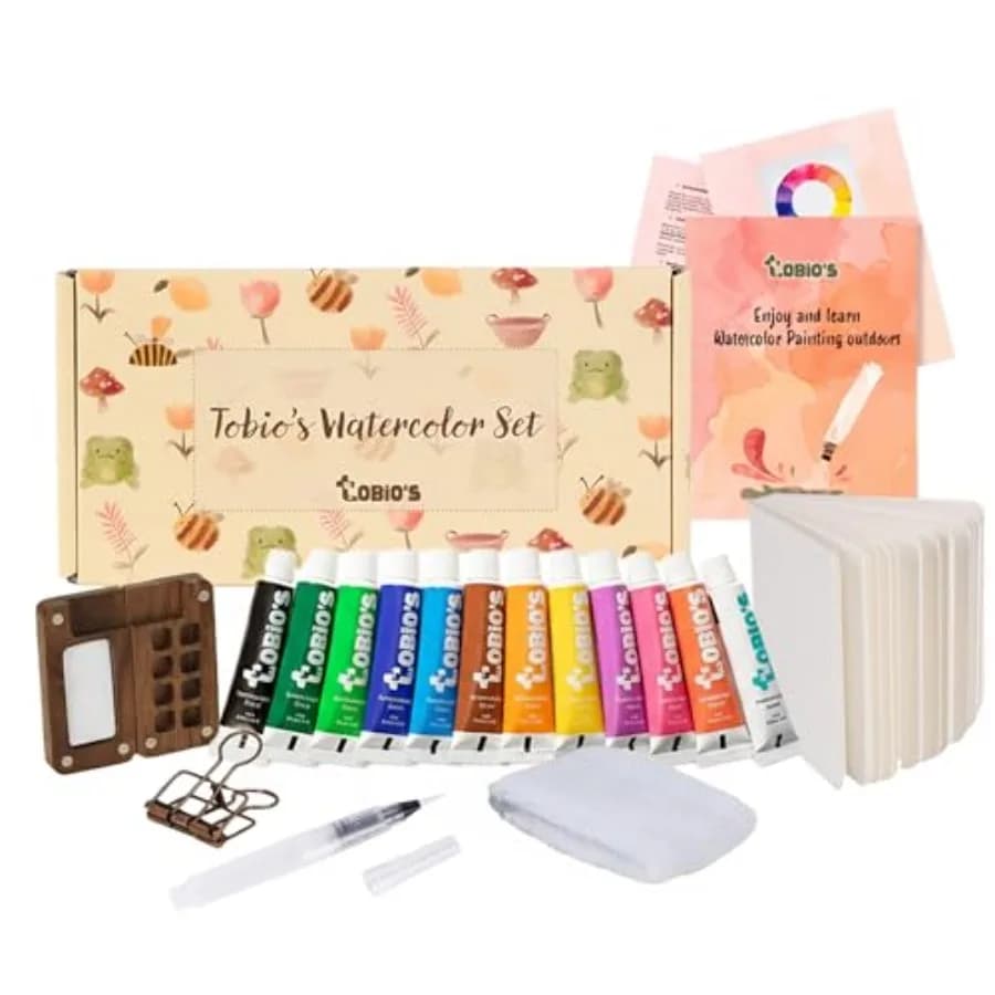 Watercolor Paint Set, Mini Travel Watercolor Kit with 12 Colors, Refillable Water Brush, Wooden Palette and Sketchbook, Portabl