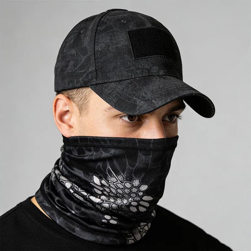 Neck Gaiter Face Mask Cap 2Pcs Set，Breathable Face Cover Tube Scarf， Hook Loop Patch Hat， Wind Dust Proof