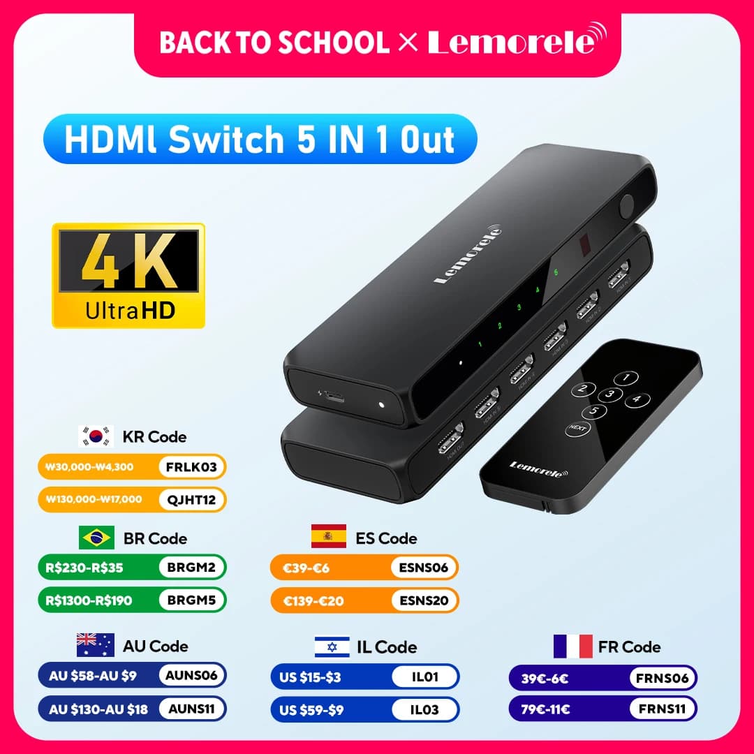 HDMI Switch 5 ports 4K with IR HDR HDCP2.3 remote control for Xbox PS4 PC TV