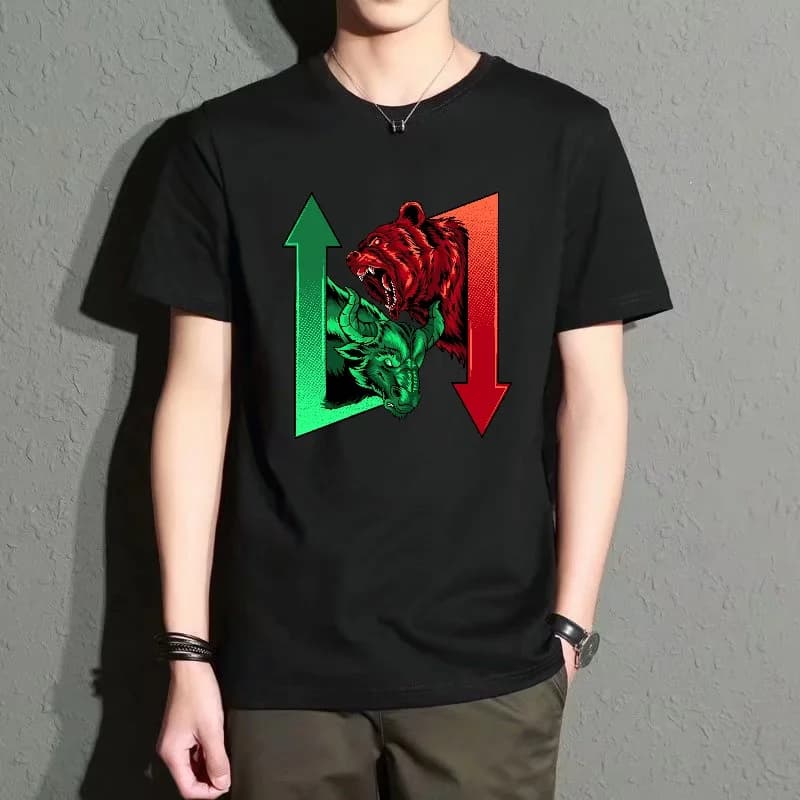 Men's Black Round-Neck Short-Sleeved T-Shirt with Cow and Bear Print Pattern, Street Fashion Casual Top, Versatile for Everyday Wear, Comfortable and Breathable Polyester Fabric