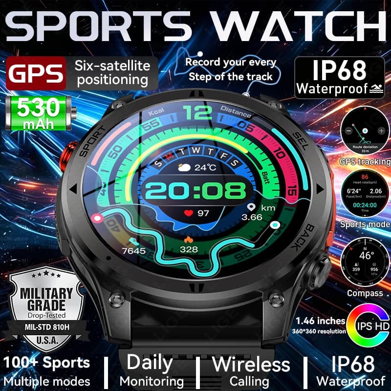LIGE GPS Smartwatch 6 Satellite GPS Positioning 100+ Workout Modes Sport Fitness Compass 1.46" HD Display Military Smart Watches