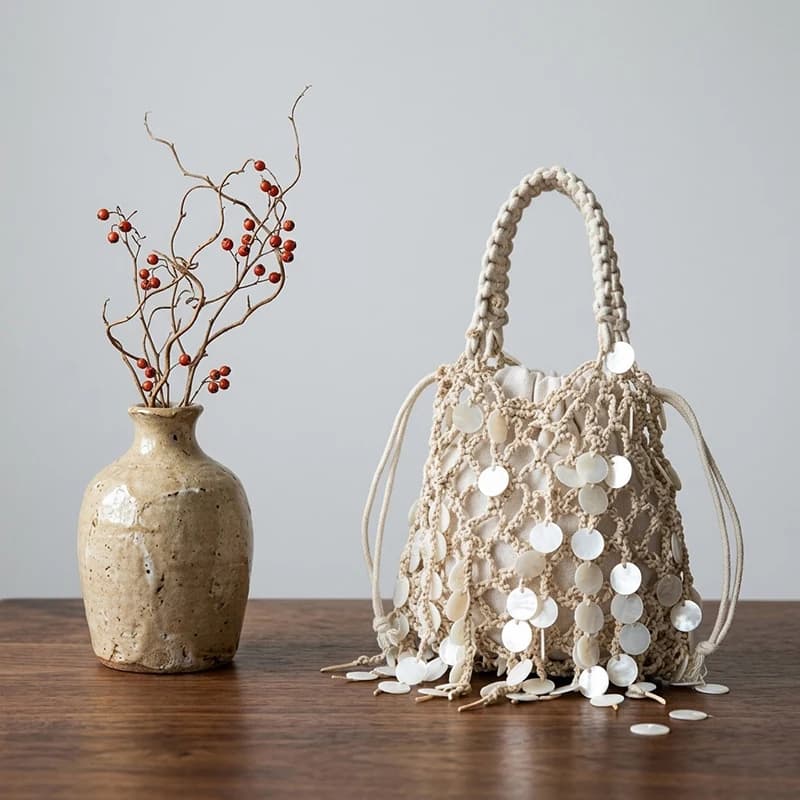 Borsa da Spiaggia Intrecciata per Donna, Borsa a Tracolla Artigianale in Rete di Pesca con Conchiglie per Viaggi e Vacanze, Pochette da Donna