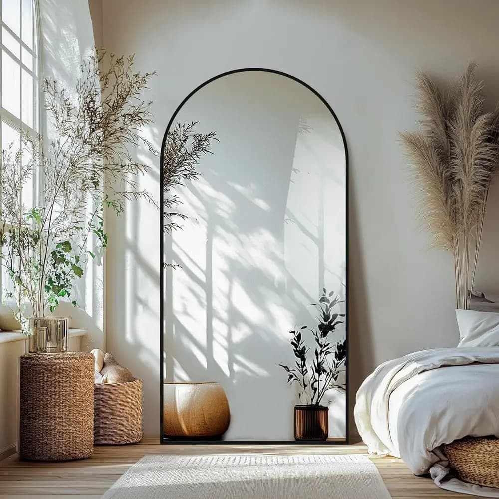 Specchio a figura intera, grande specchio da terra o da parete, per camera da letto, bagno, soggiorno, con supporto in alluminio (arco 70x35, nero)