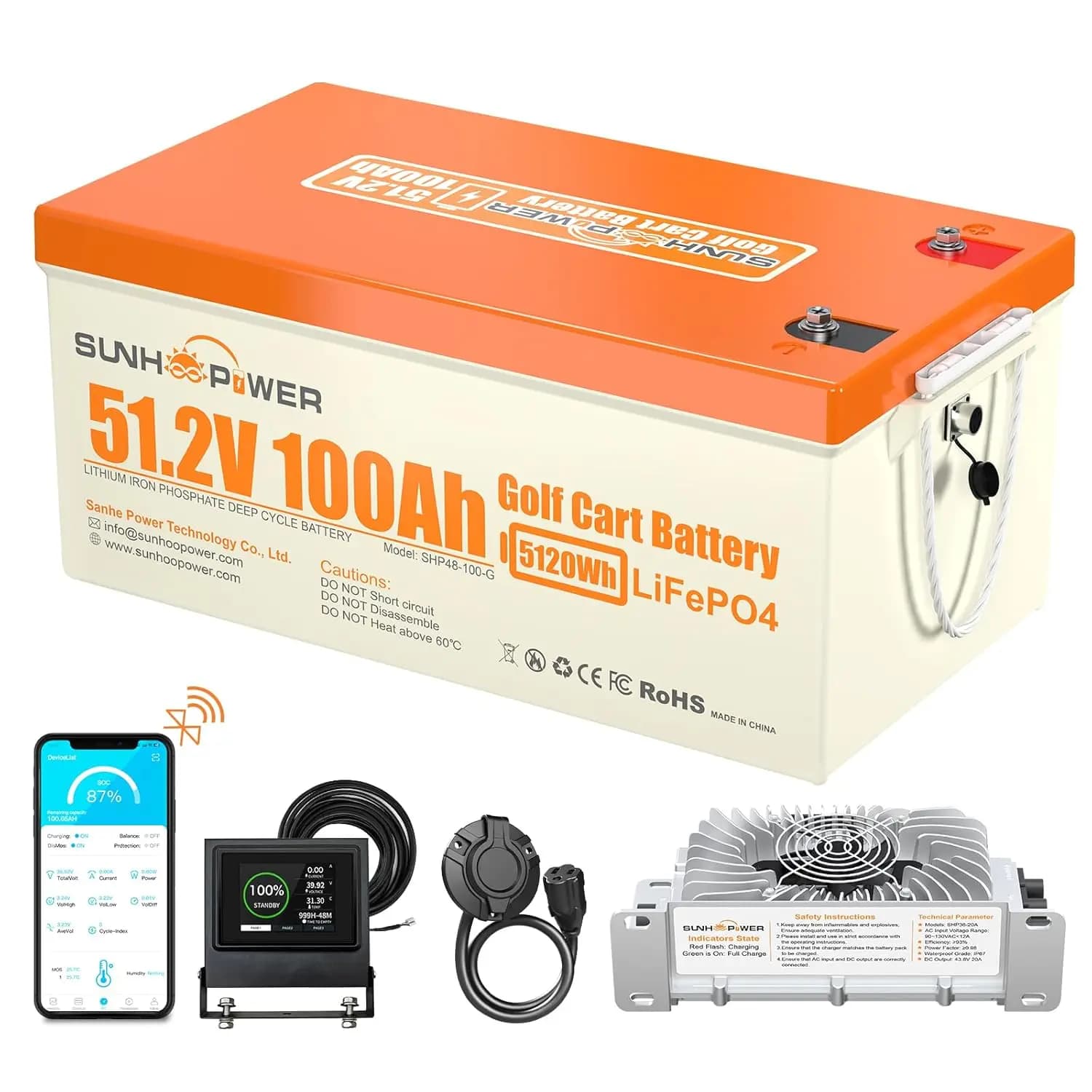 Batteria al Litio LiFePO4 48V (51.2V) 100Ah per Golf Cart con Bluetooth, Monitor Touch, BMS 200A e Caricabatterie Rapido 20A, Personalizzabile
