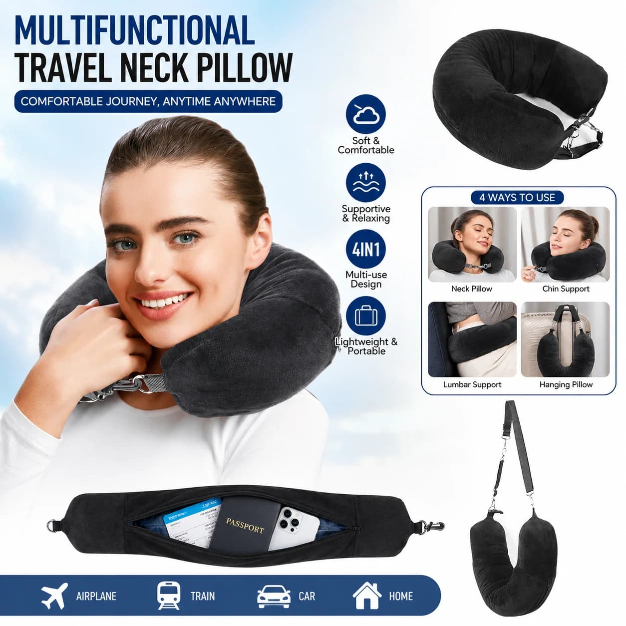 Travel Neck Pillow with Fillable Clothing U-Shaped Pillowcase, Extra Storage Bag, Velvet Neck Pillow Cover for Airplane Travel