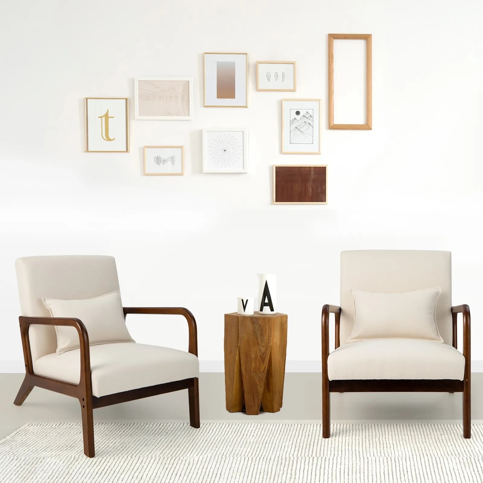 Set di 2 poltrone Accent, poltrona relax con struttura in legno di gomma, cuscino lombare beige
