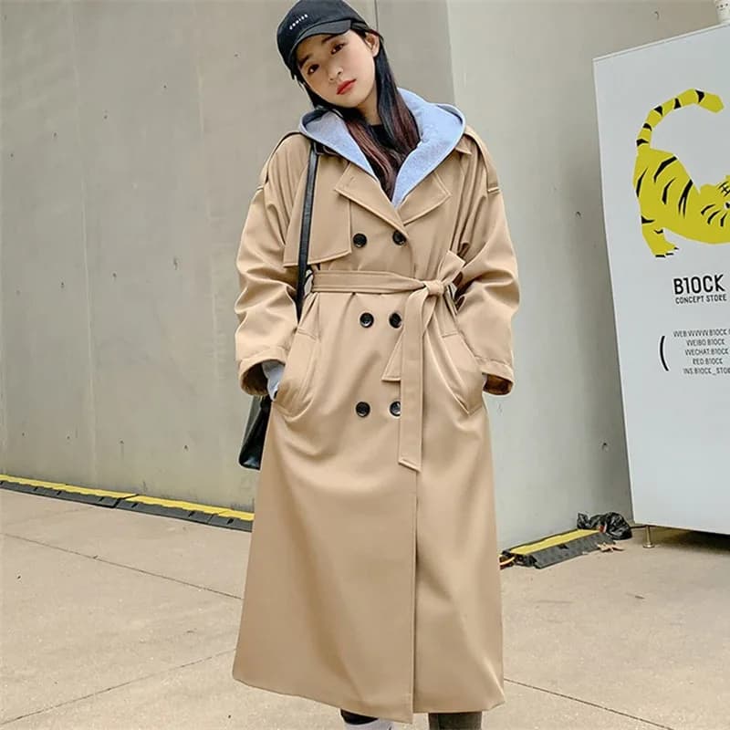 Bianco kaki nero Trench allentato donna primavera autunno doppio petto cappuccio rimovibile giacca a vento lunga cintura femminile capispalla