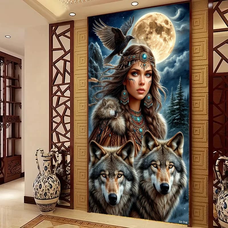 5D Large Size Diamond Painting Native Tribal Ametrican Girl Wolf Full Square Circular Mosaic Diamond Embroidery Cross Stitch