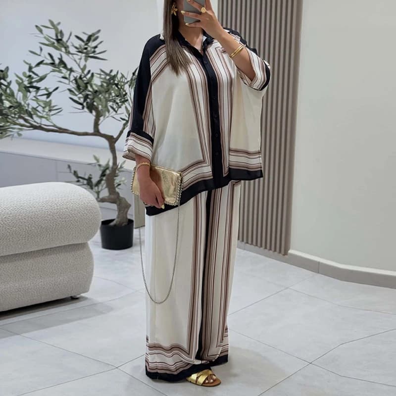 Elegant V-neck Half Sleeve Shirts&Pants Sets Fashion Color Blocked Women's Commute Outfit Autumn Casual Loose Soft Vacation Sets