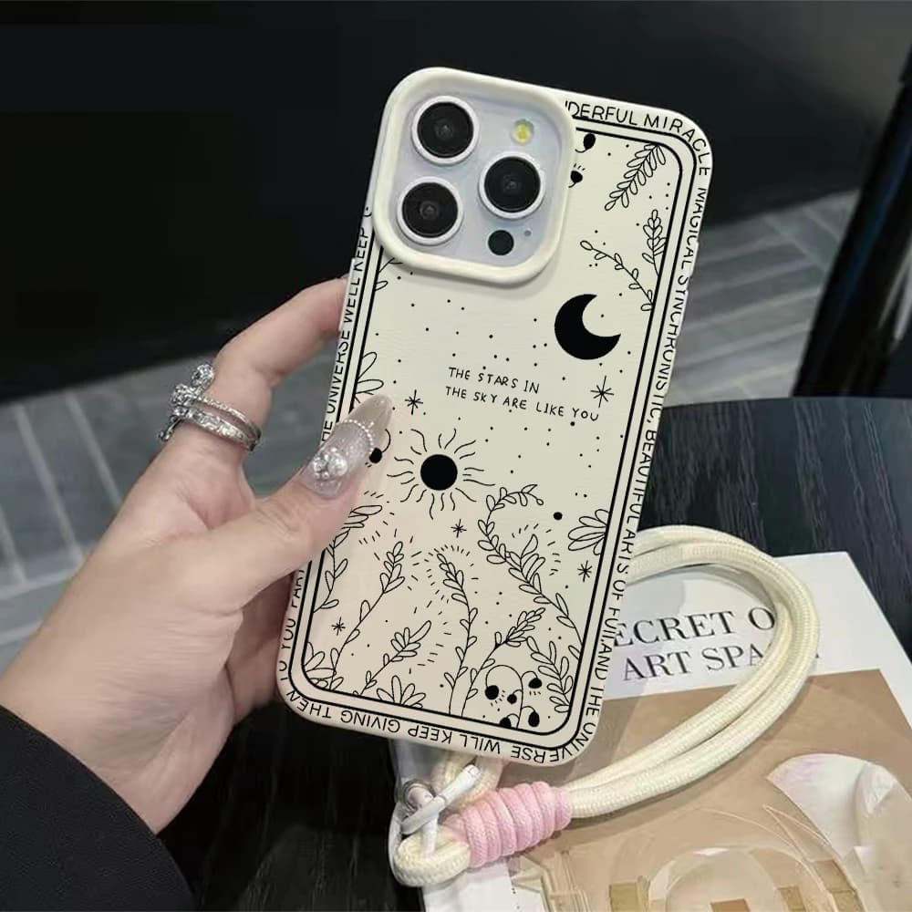 Black White Stars Moon Strap Rope Phone Case For iPhone 17 16 15 14 Pro Max 16 15 14Plus 17 16 15 Pro 17Air Silicone Matte Cover