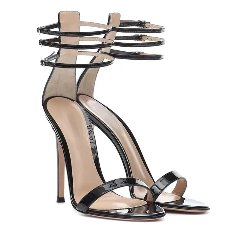 FHC Europea Sandali con tacco alto da donna, scarpe estive in pelle con soletta in pelle di pecora, cinturini con fibbia alla caviglia, nero, bianco, Dropship