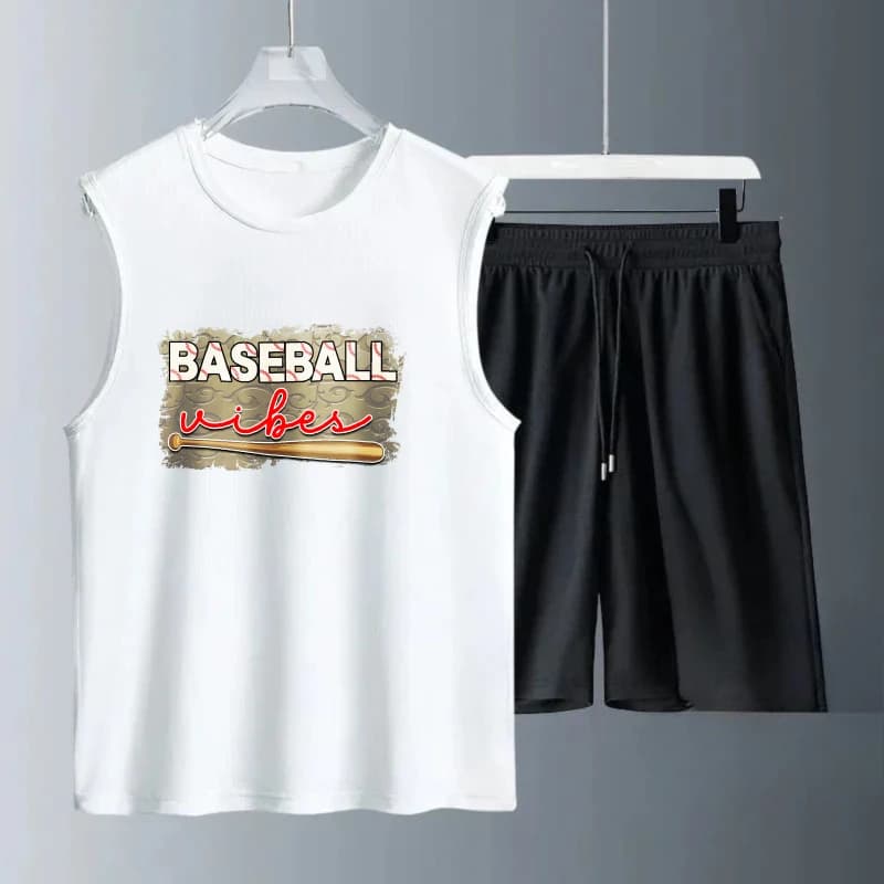 Gilet da uomo estivo senza maniche stampato Baseball Urban canotte + pantaloncini set da uomo tuta da allenamento set da uomo ad asciugatura rapida