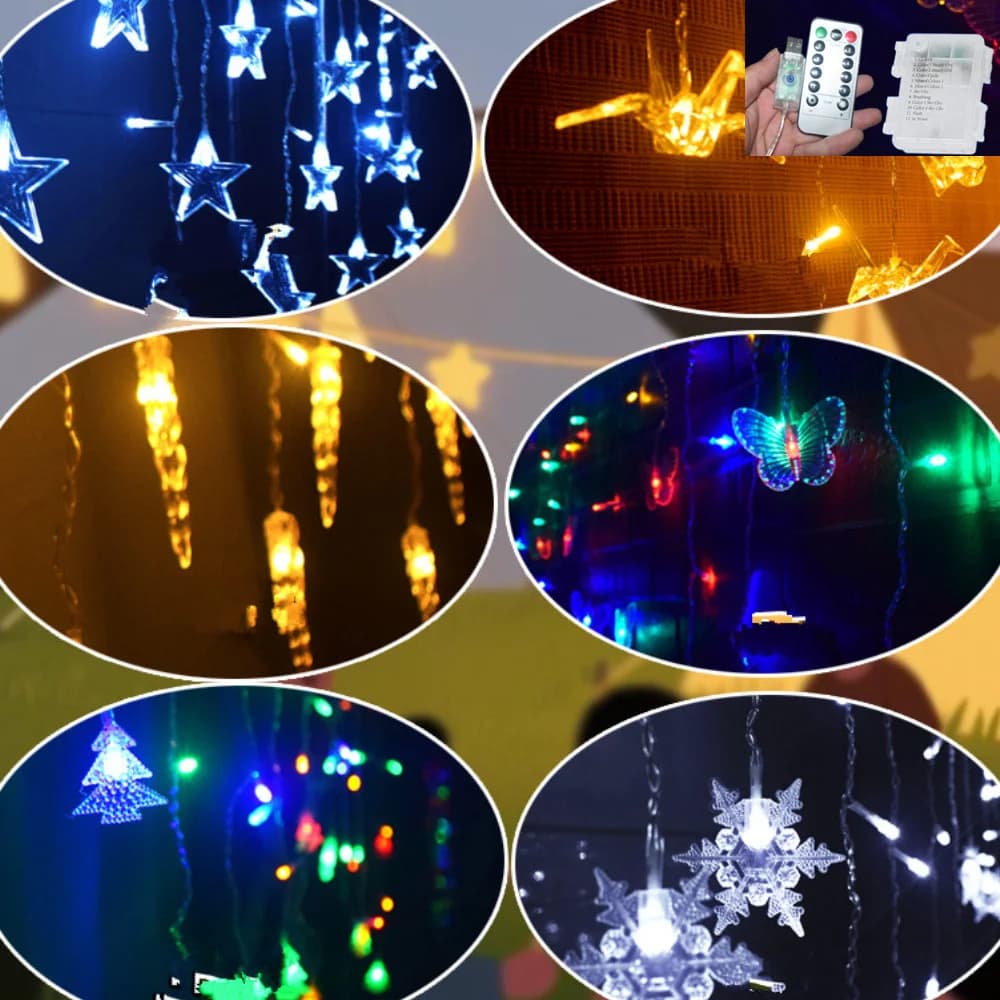 Luce natalizia a led Farfalla/Cono di ghiaccio/Pentagramma/Albero di Natale/Fiocco di neve Tenda Ghiacciolo Fata Campo Luci a corda Decorazione