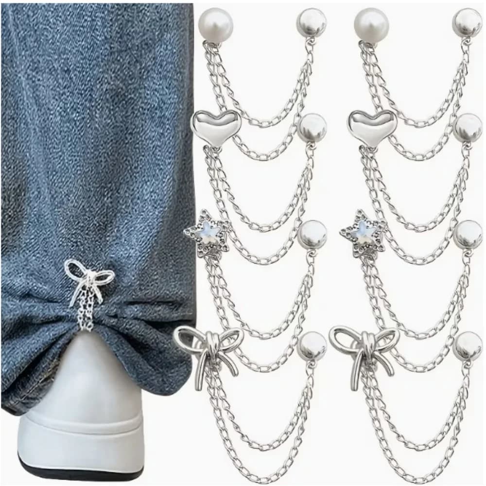 8 pieces of bow knot heart star multi-layer chain pants pins, sweet Y2K style jeans hem clips, for daily wear decoration