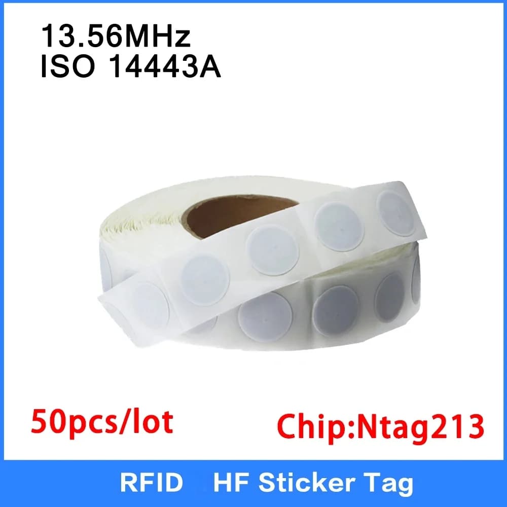 Adesivi per etichette NFC bianche da 25 mm ISO14443A 13,56 MHz NTAG 213 Etichetta universale RFID HF Smart Tag per tutti i telefoni NFC Scheda IC da 50 pezzi