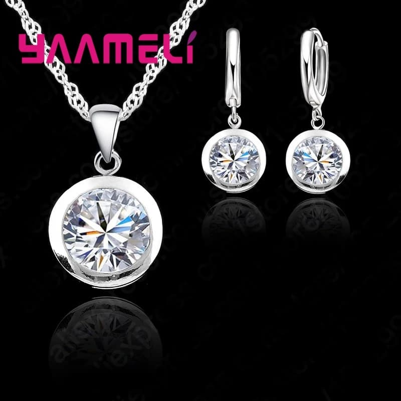 Nuovo di Cerimonia Nuziale Sottile Delle Donne Set di Gioielli Reale Pure 925 Sterling Silver Rotonda Zircone Cubico CZ Collane Con Pendente Orecchini A Cerchio