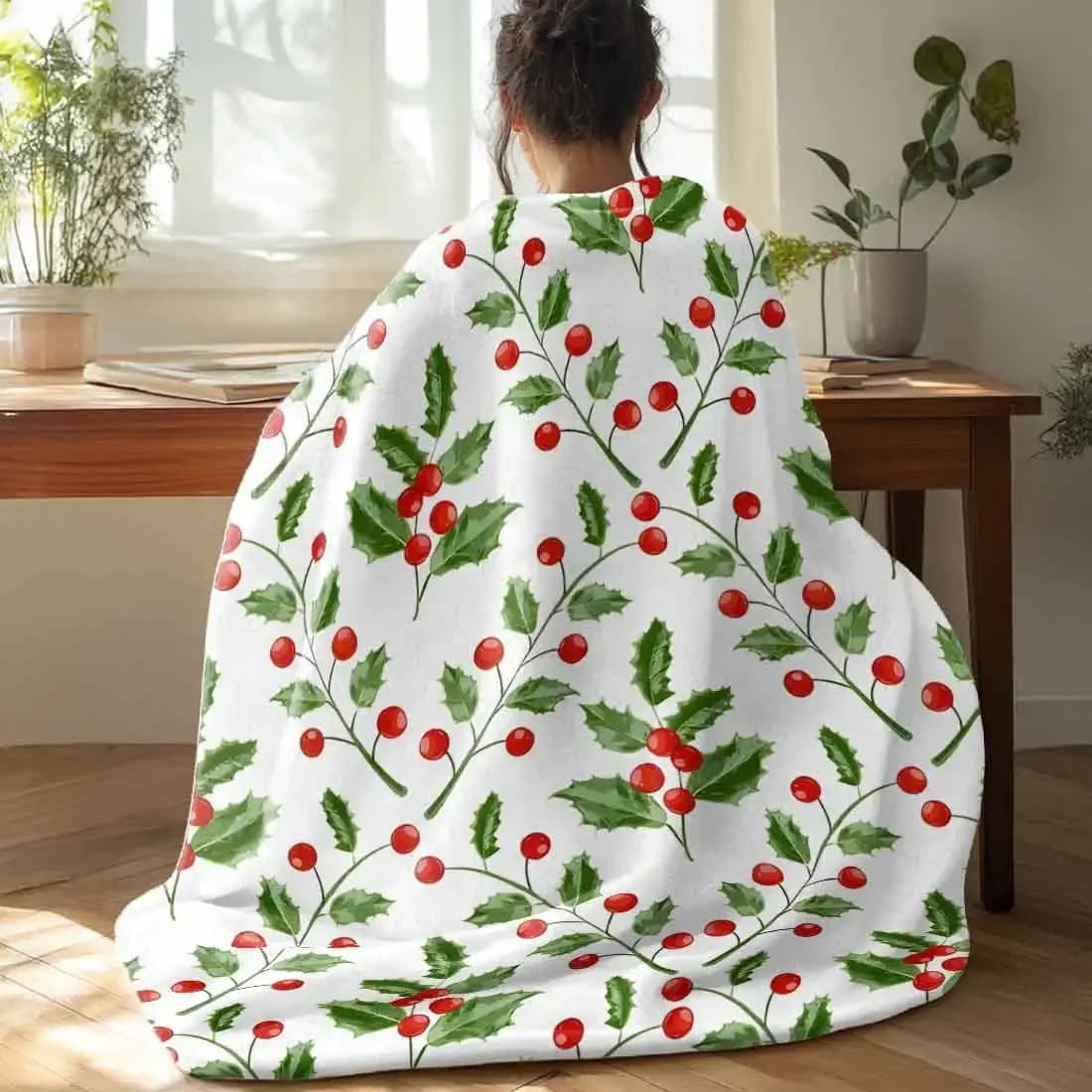 Coperte natalizie con bacche di agrifoglio, calde e morbide, in peluche, per l'inverno, ufficio, camera da letto, divano, regali da viaggio, decorazioni per la casa