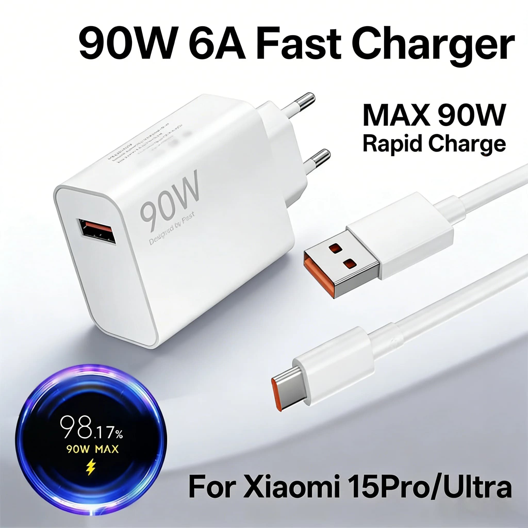 Adattatore USB da Muro 90W con Cavo Type C 6A per Xiaomi 15 Ultra 14 13 Pro Redmi Note 13 Pro Plus Poco F7 Pro, Caricabatterie Rapido