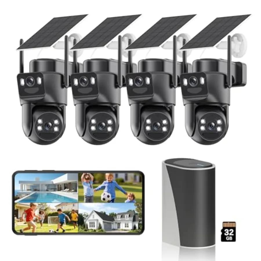 Outdoor solar security cameras kit: 4K dual-lens wireless system with 360 PTZ, color night vision, motion detection, spotlight