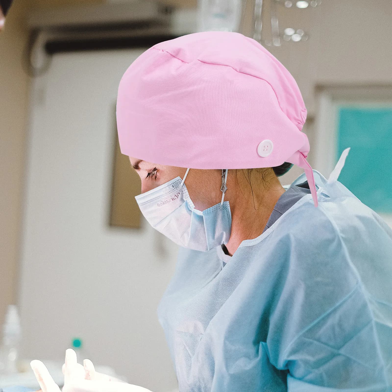 Cappello da Chef Regolabile, Berretto Chirurgico Morbido e Traspirante in Cotone, Copricapo da Lavoro per Uomo e Donna, Fascia Antisudore con Bottoni e Laccetti Posteriori, per Ospedale