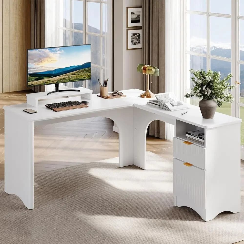 Scrivania per computer a forma di L con supporto per monitor, scrivania da ufficio 55,7 x 55 con angoli arrotondati per l'home office, bianca