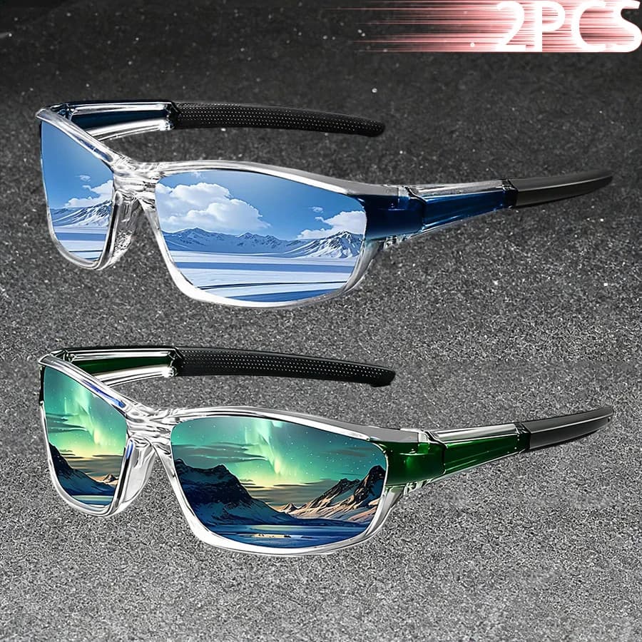 2PCS Fashion Vintage Clear Frame Eyewear Driving Fishing Sports Sung Lasses Men Women Running Mountaineering Sport Sun Glasses