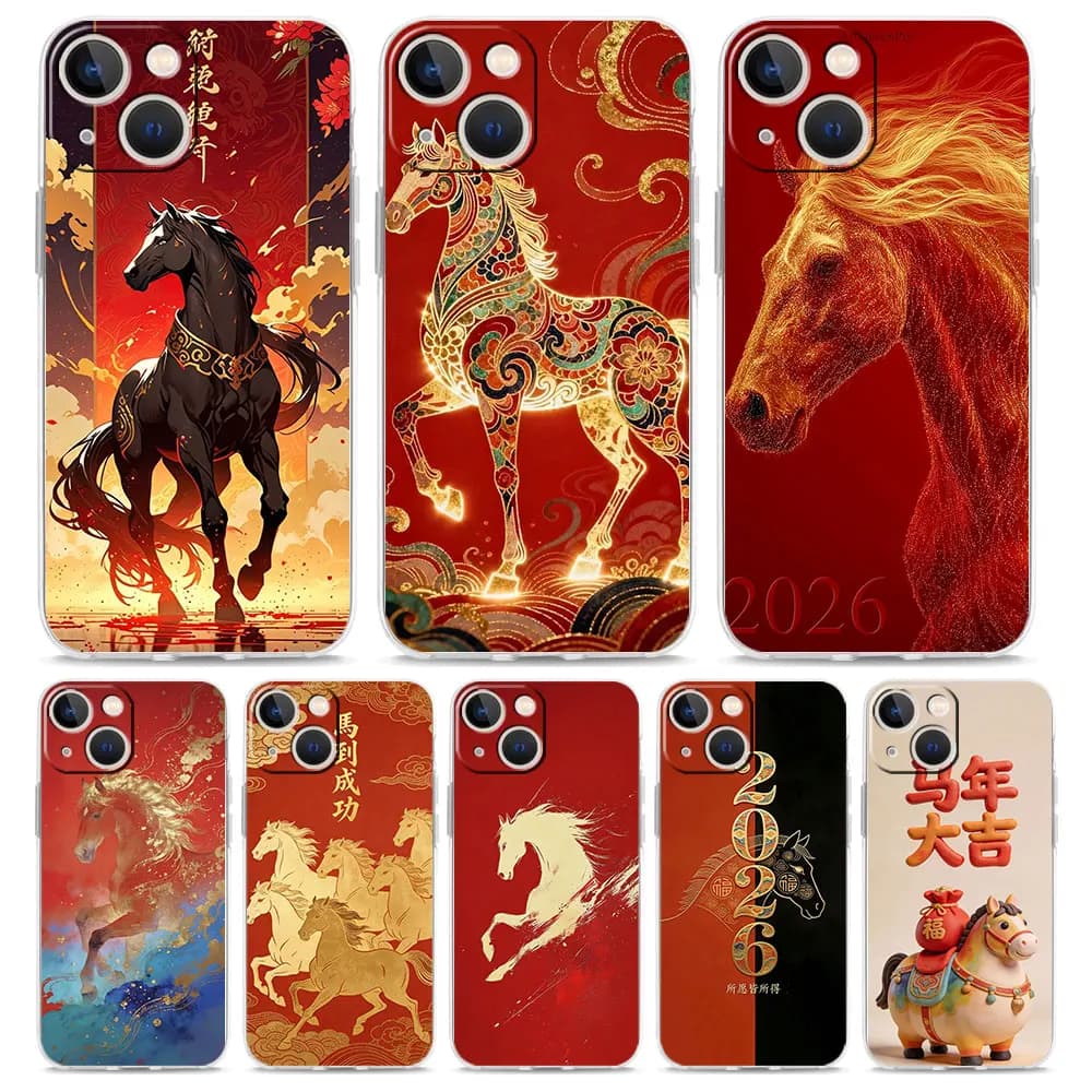 Soft TPU Transparent Phone Case Cover for iPhone 17 16 15 14 13 12 11 Pro Max 17 Air 7 8 Plus Shell Funda Cartoon New Year Horse