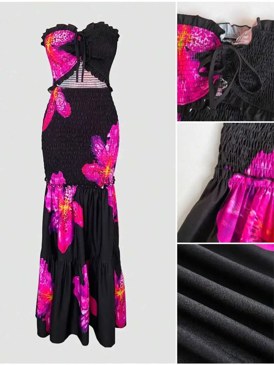 Tropical Floral Print Ruched Waist Tube Dress Mermaid Hem Vacation Party Summer Dress